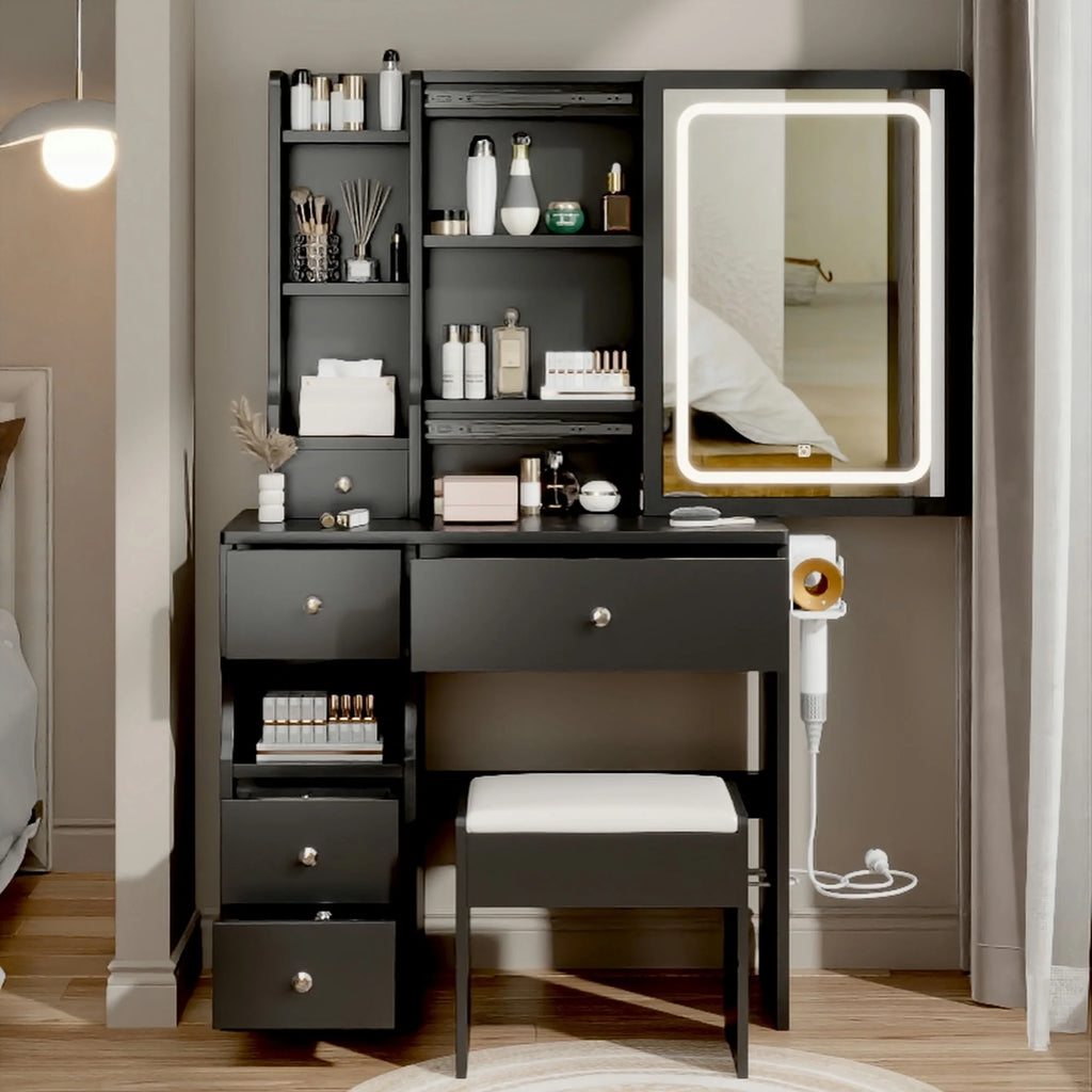 White Vanity Table with Lighted Mirror and Stool L88811
