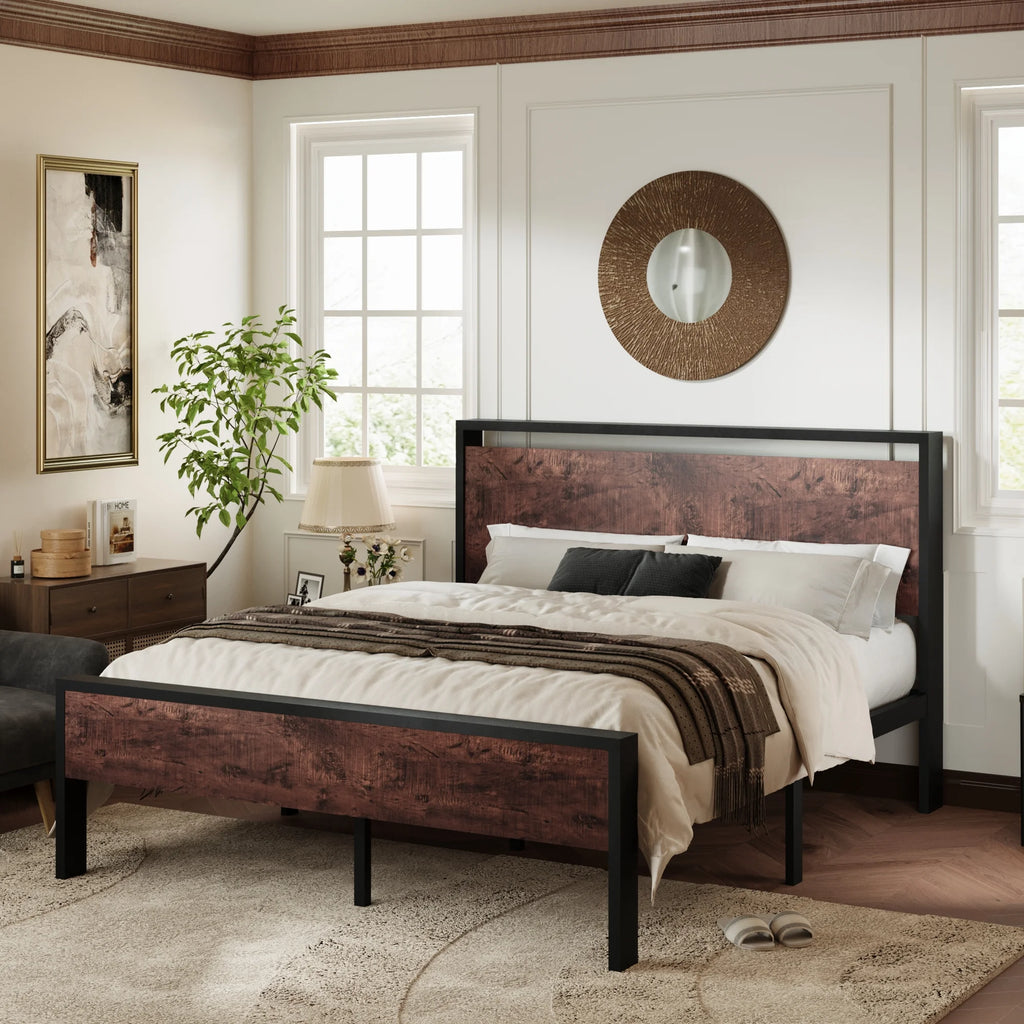 Queen Size Metal Platform Bed Frame with Wood Headboard H33561
