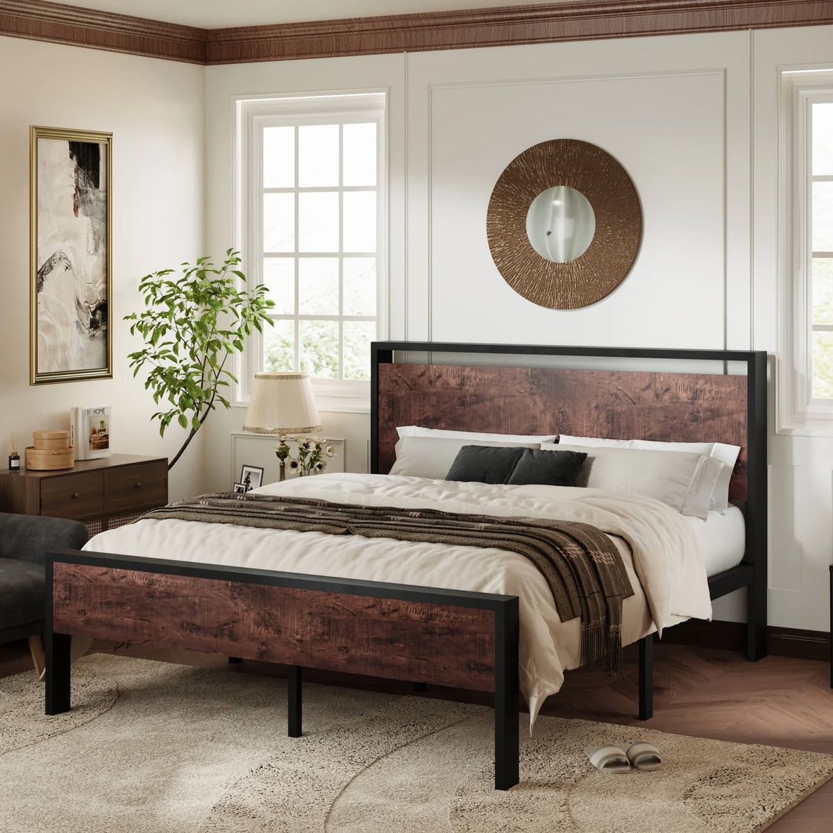 Queen Size Metal Platform Bed Frame with Wood Headboard H33561