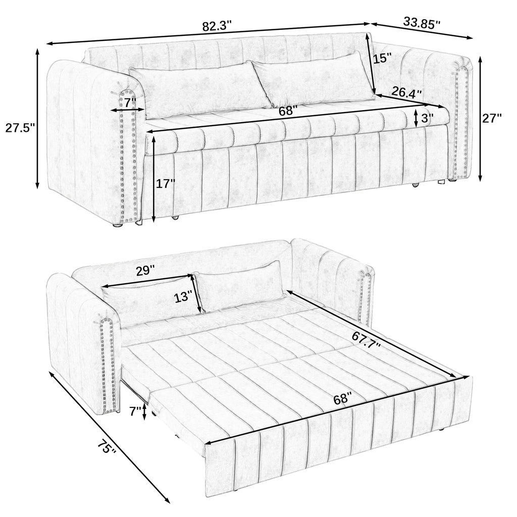 Black 3-in-1 Convertible Sleeper Sofa Bed with Two Drawers and Two Pillows P355530