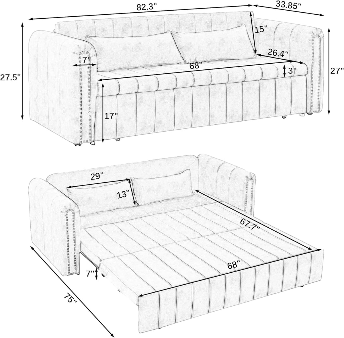 Black 3-in-1 Convertible Sleeper Sofa Bed with Two Drawers and Two Pillows P355530