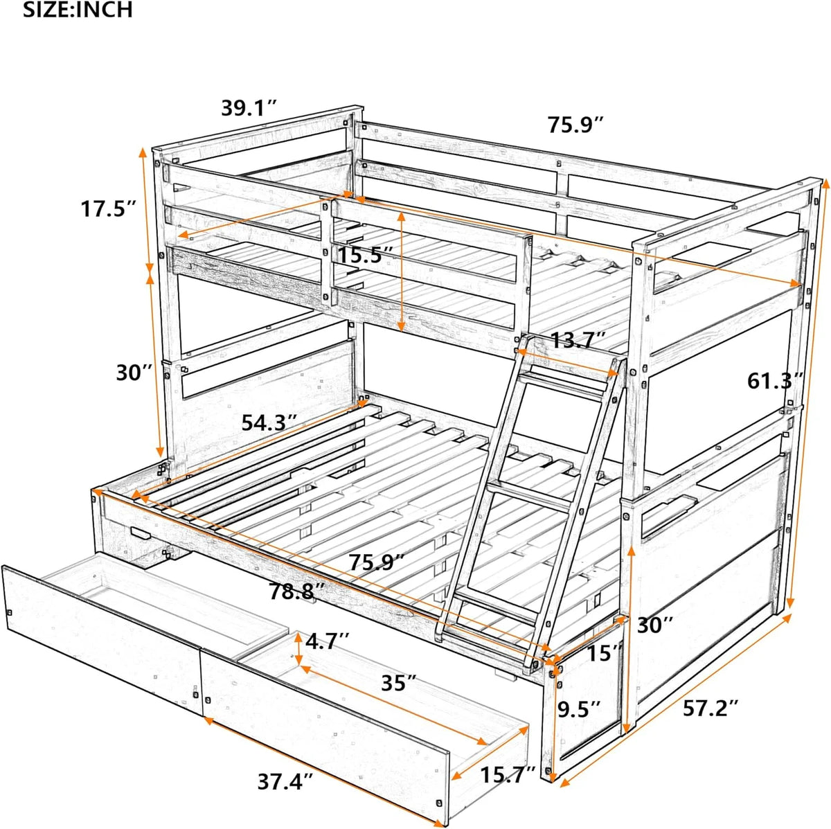White Over Full Bunk Bed with Storage and Two Drawer A342772