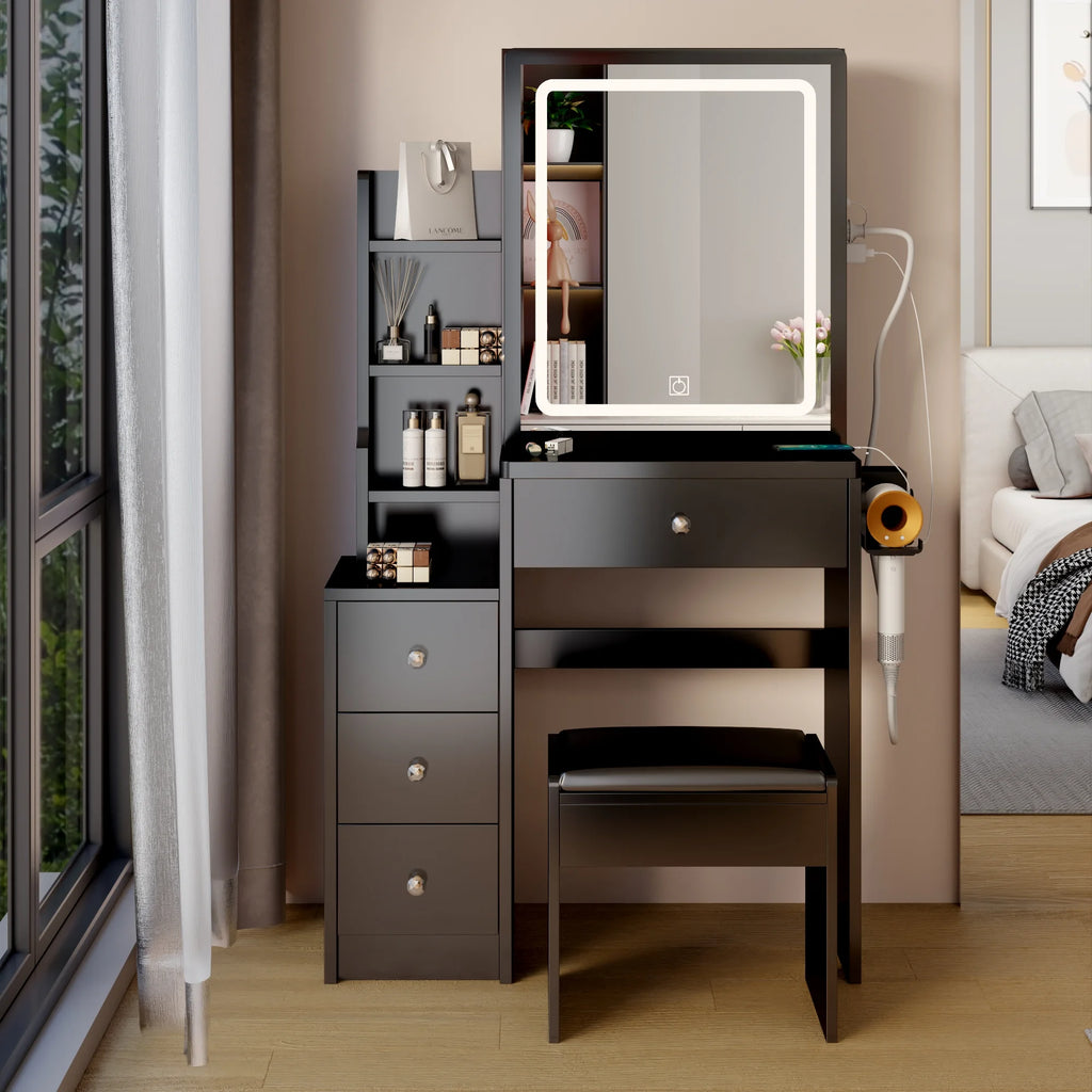 White Vanity Table with Lighted Mirror and Stool L88811