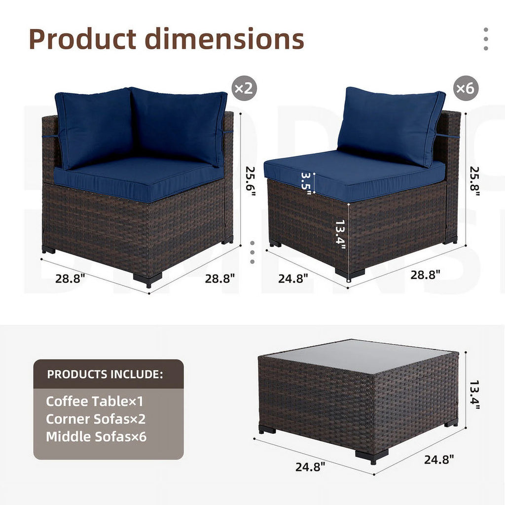 9 Piece PE Rattan Patio Furniture Set with Cushion and Glass Table B27656