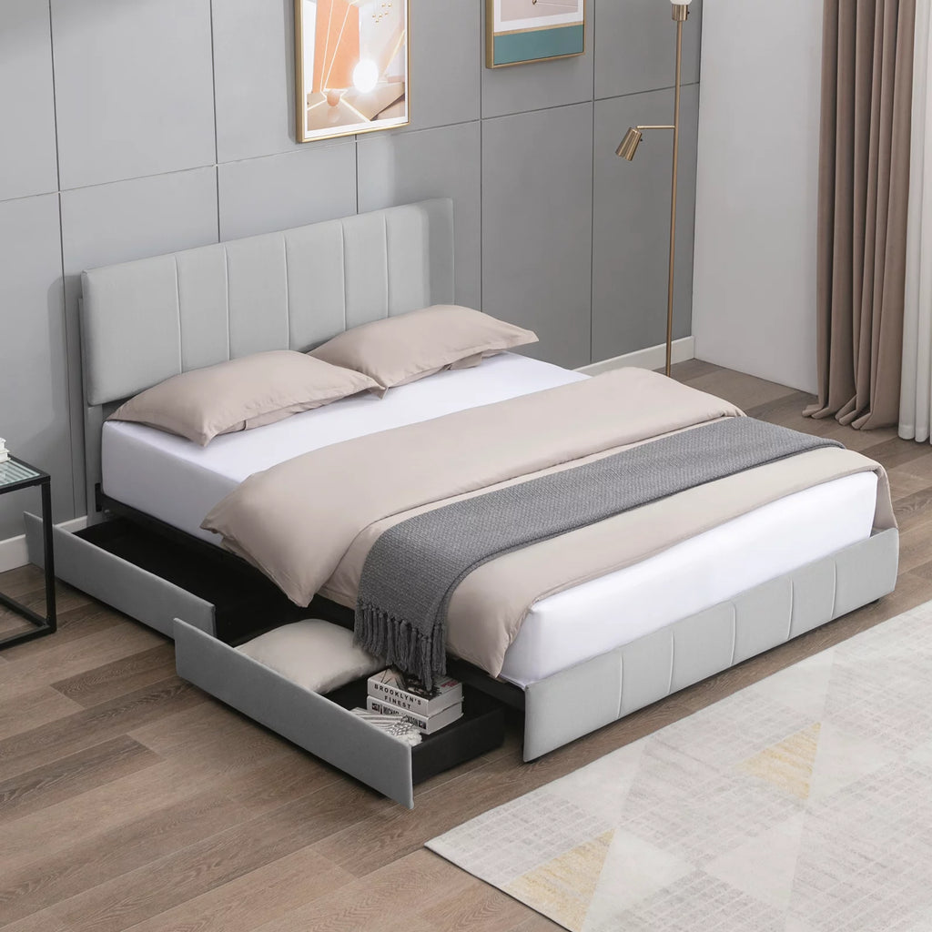 King Size Platform Bed Frame with 4 Storage Drawers and Adjustable Headboard Z208010