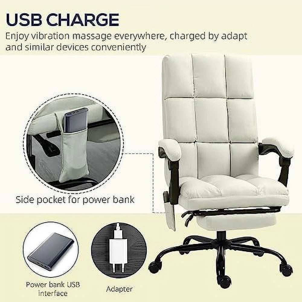 Cream White Massage Office Chair with USB Port and Footrest V507441