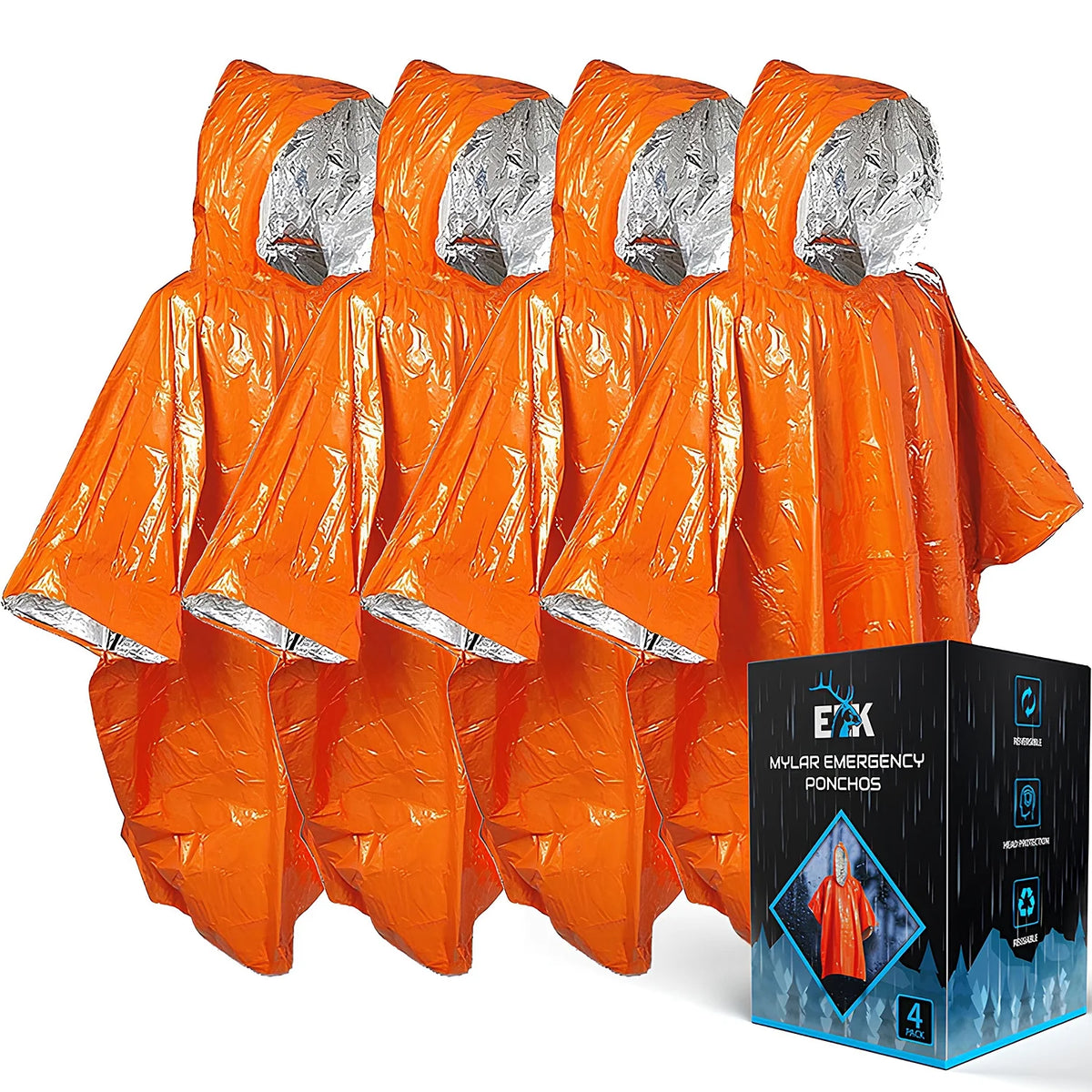 Emergency Poncho 4-Pack Mylar Reversible Thermal Raincoat Blanket T217