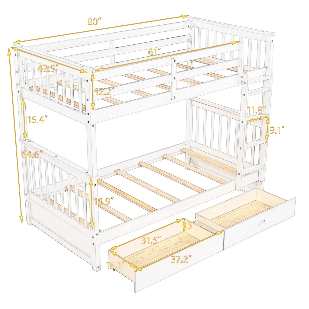 Solid Wood Twin Over Twin Bunk Beds with Storage Drawers F327
