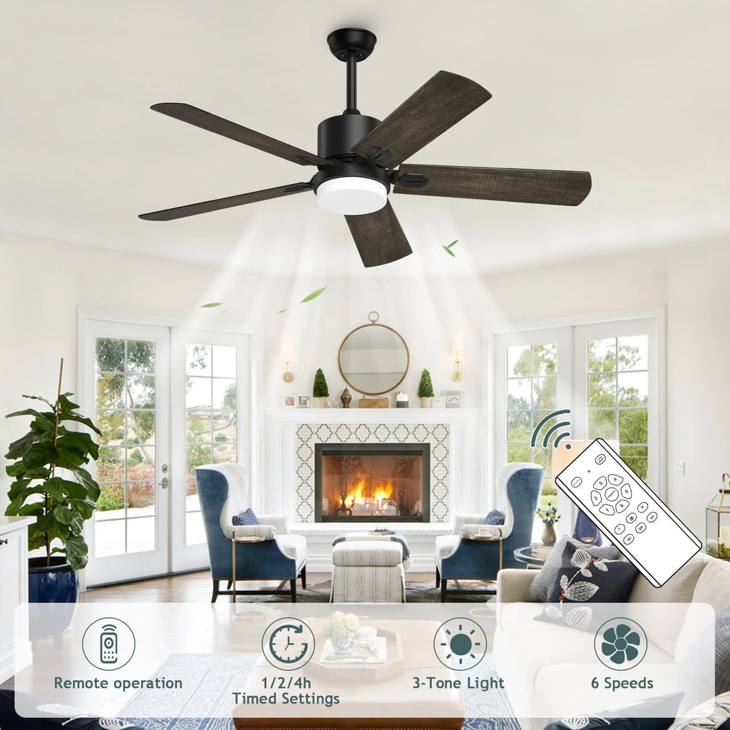 Ceiling Fan with Light and Remote Control, 52 '' 6-Speed Reversible 5 Wood Blades C25541