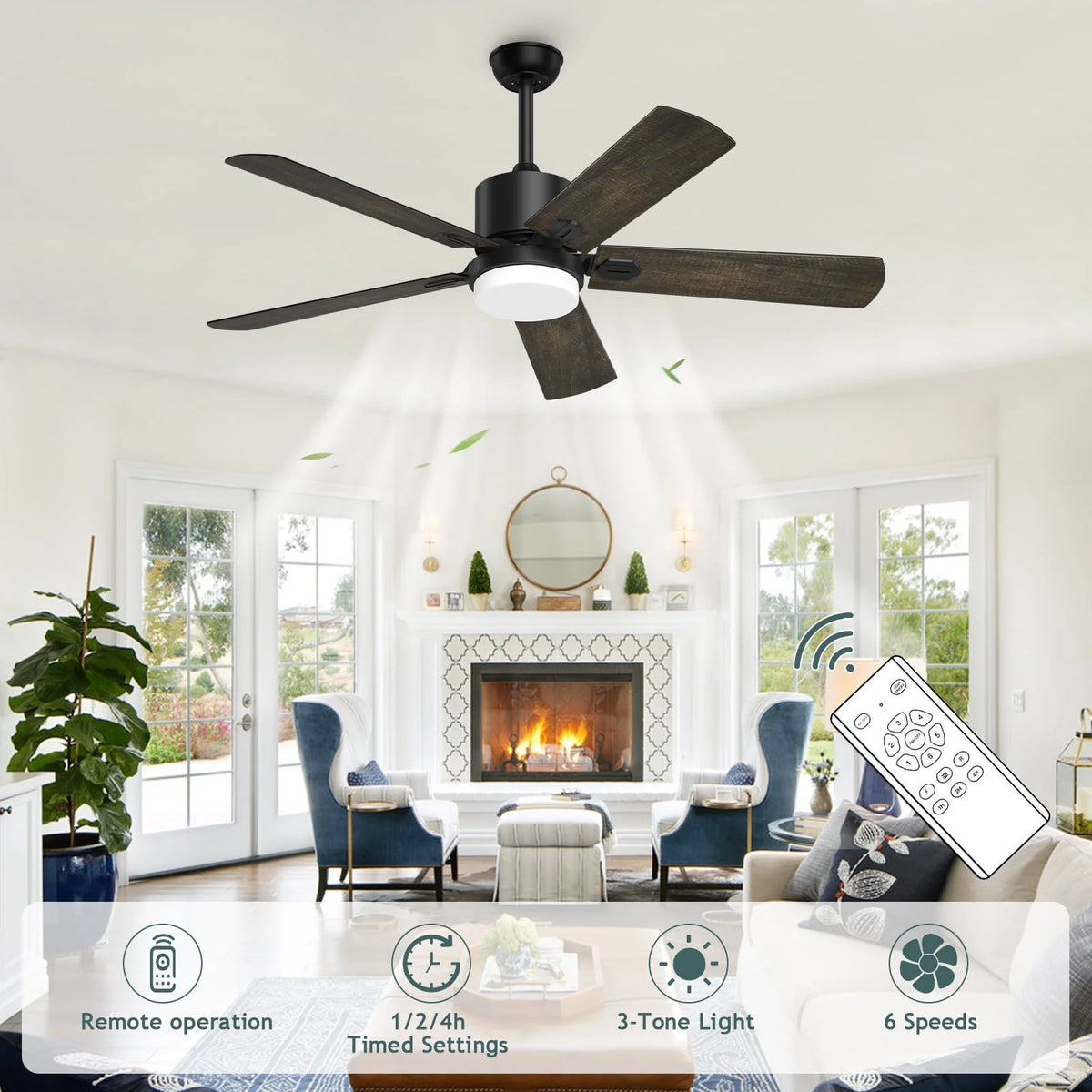 Ceiling Fan with Light and Remote Control, 52 '' 6-Speed Reversible 5 Wood Blades C25541