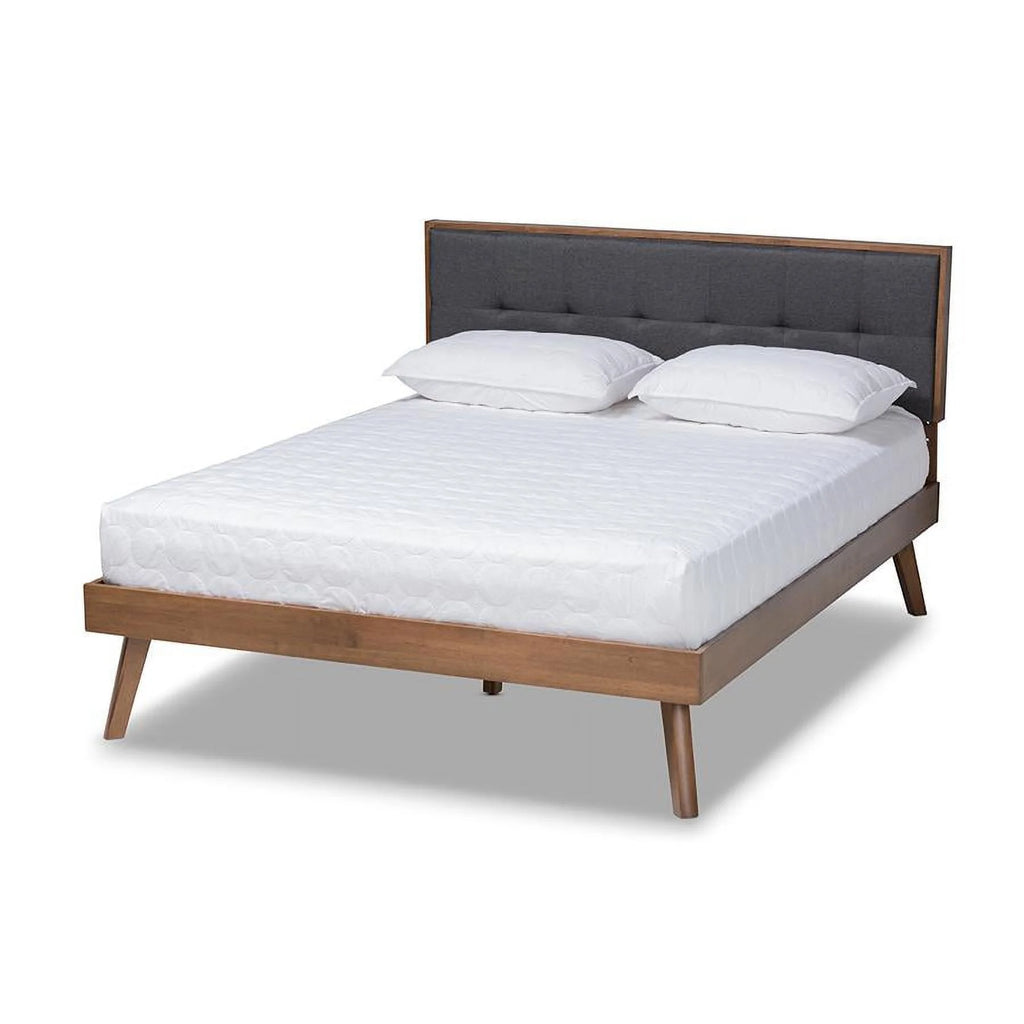 Light Grey Fabric Upholstered Walnut Brown Wood Queen Size Platform Bed A584444