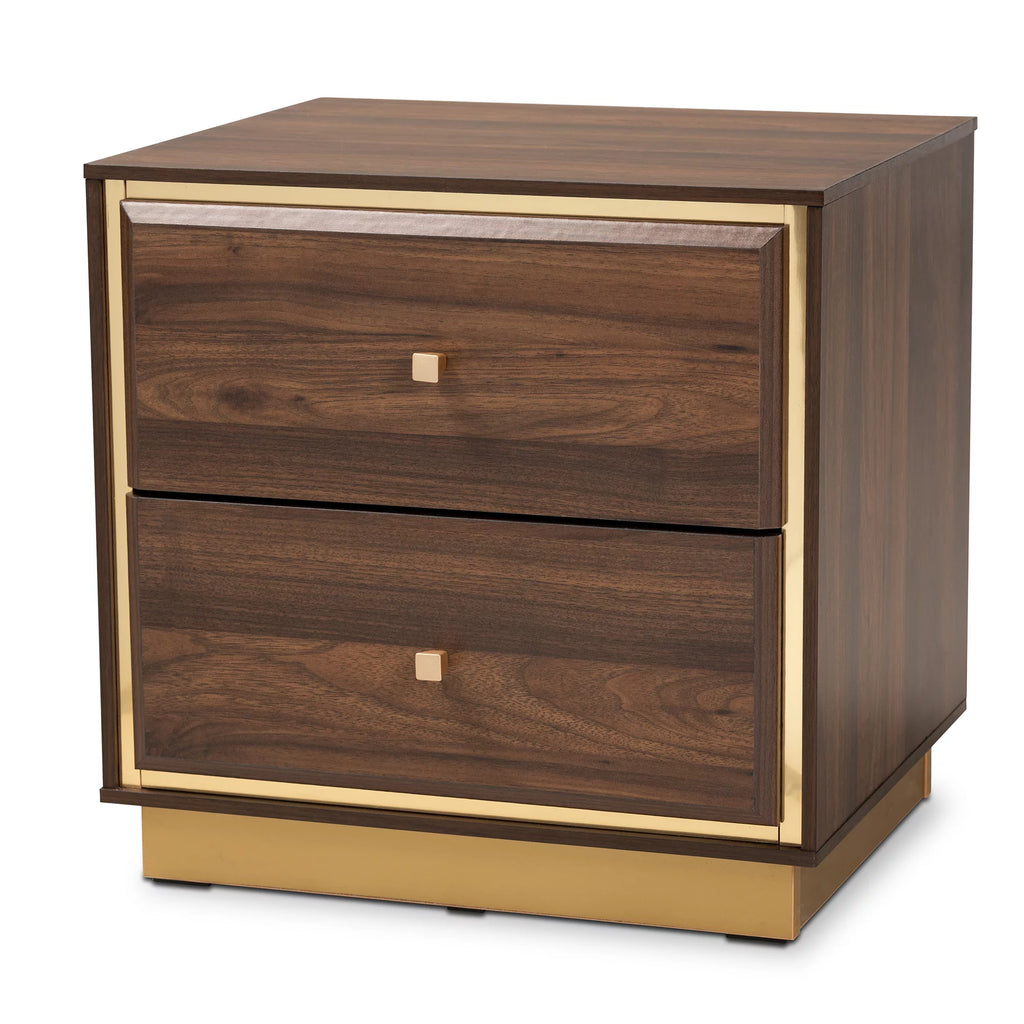 Walnut Brown Wood and Gold Metal 2-Drawer Nightstand F96707
