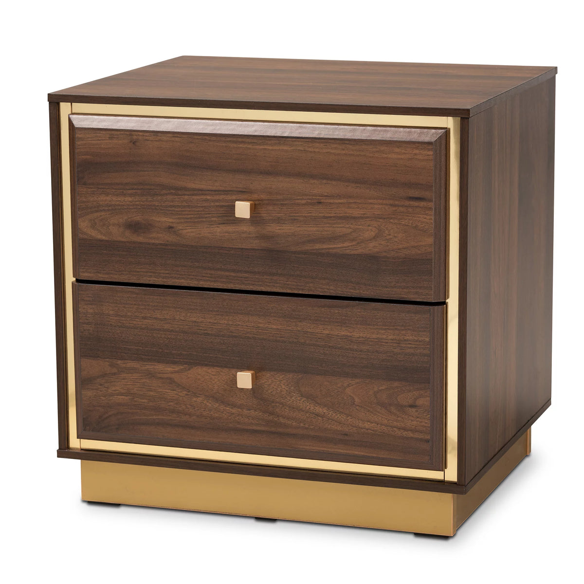 Walnut Brown Wood and Gold Metal 2-Drawer Nightstand F96707