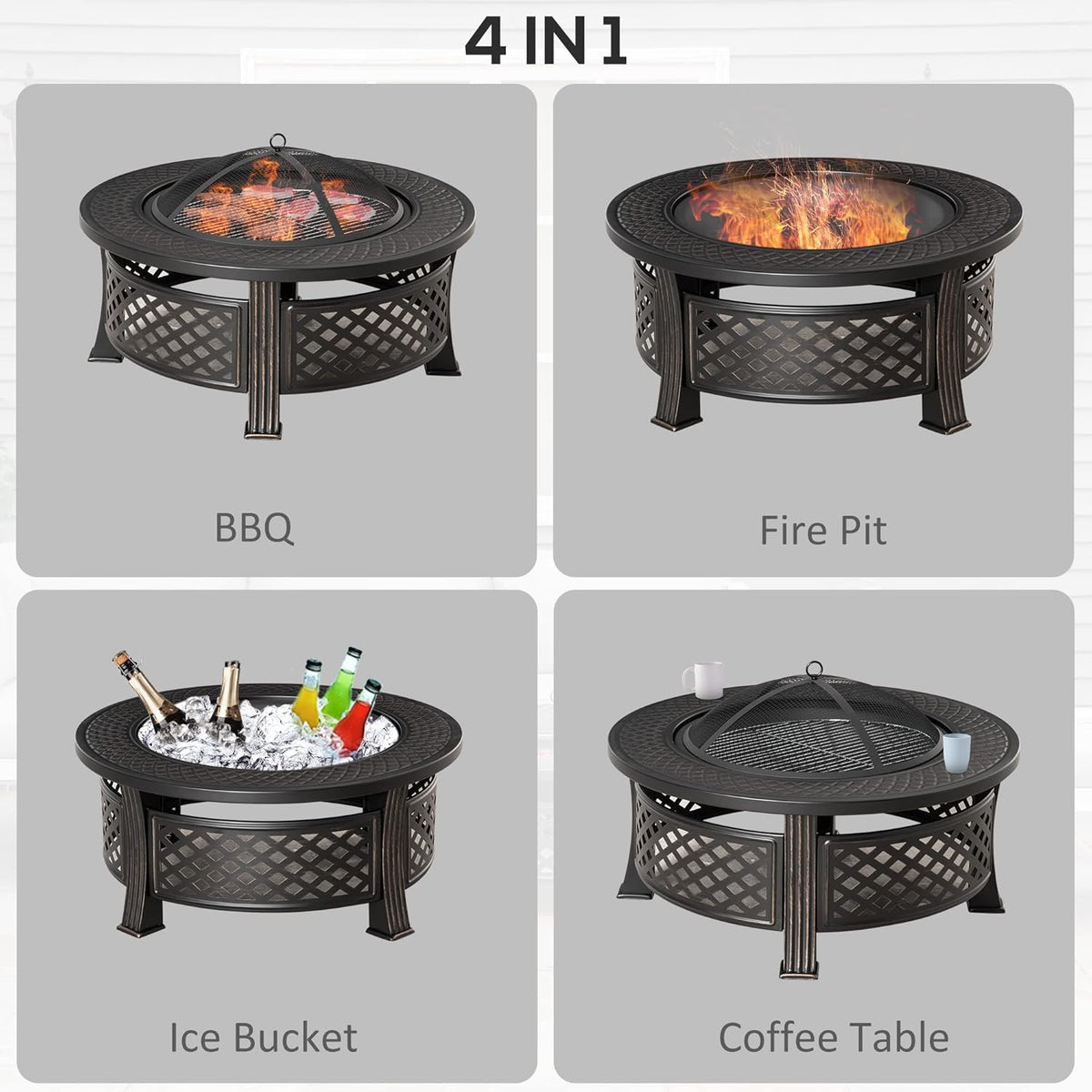 32 Outdoor Wood Burning Fire Pit with Grill, Spark Screen, Poker, Rain Cover, Black T5073