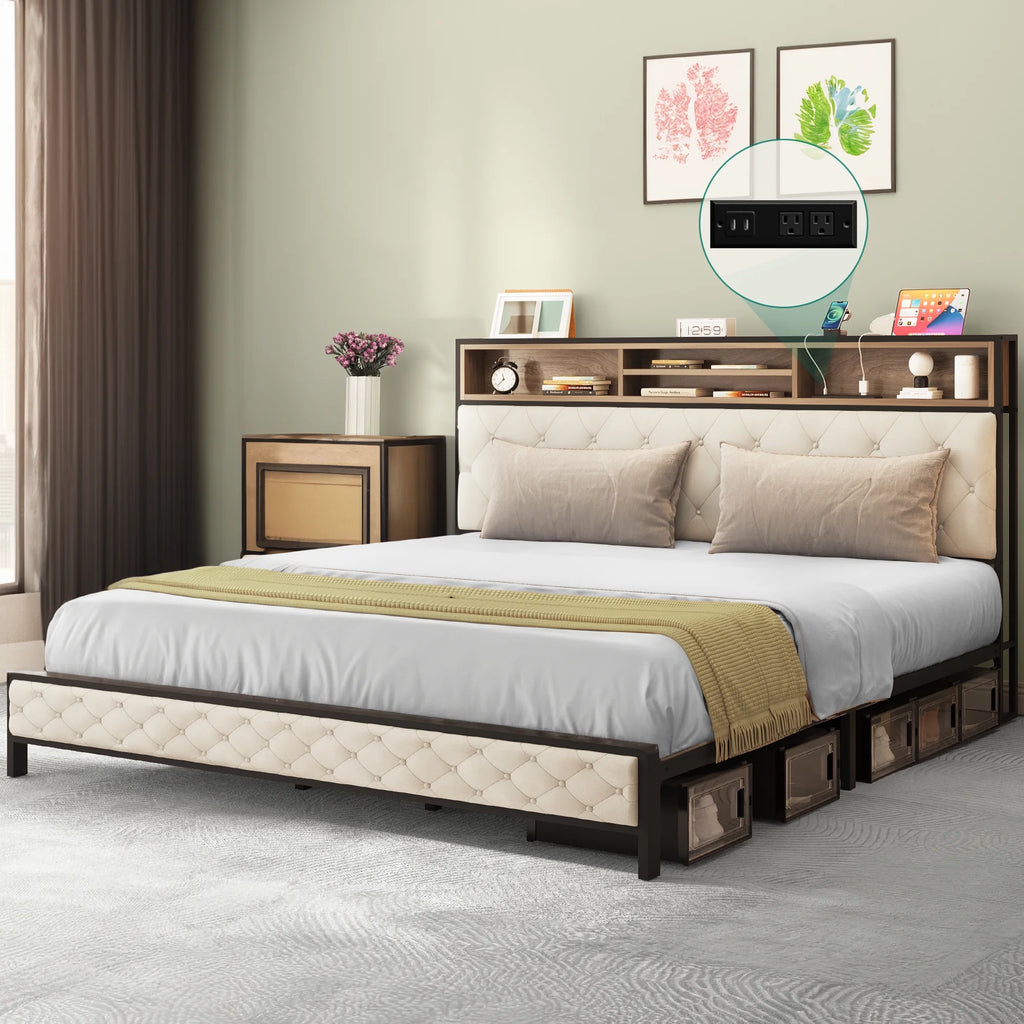 Queen Size Beige Metal Bed Frame with Storage Headboard R817896