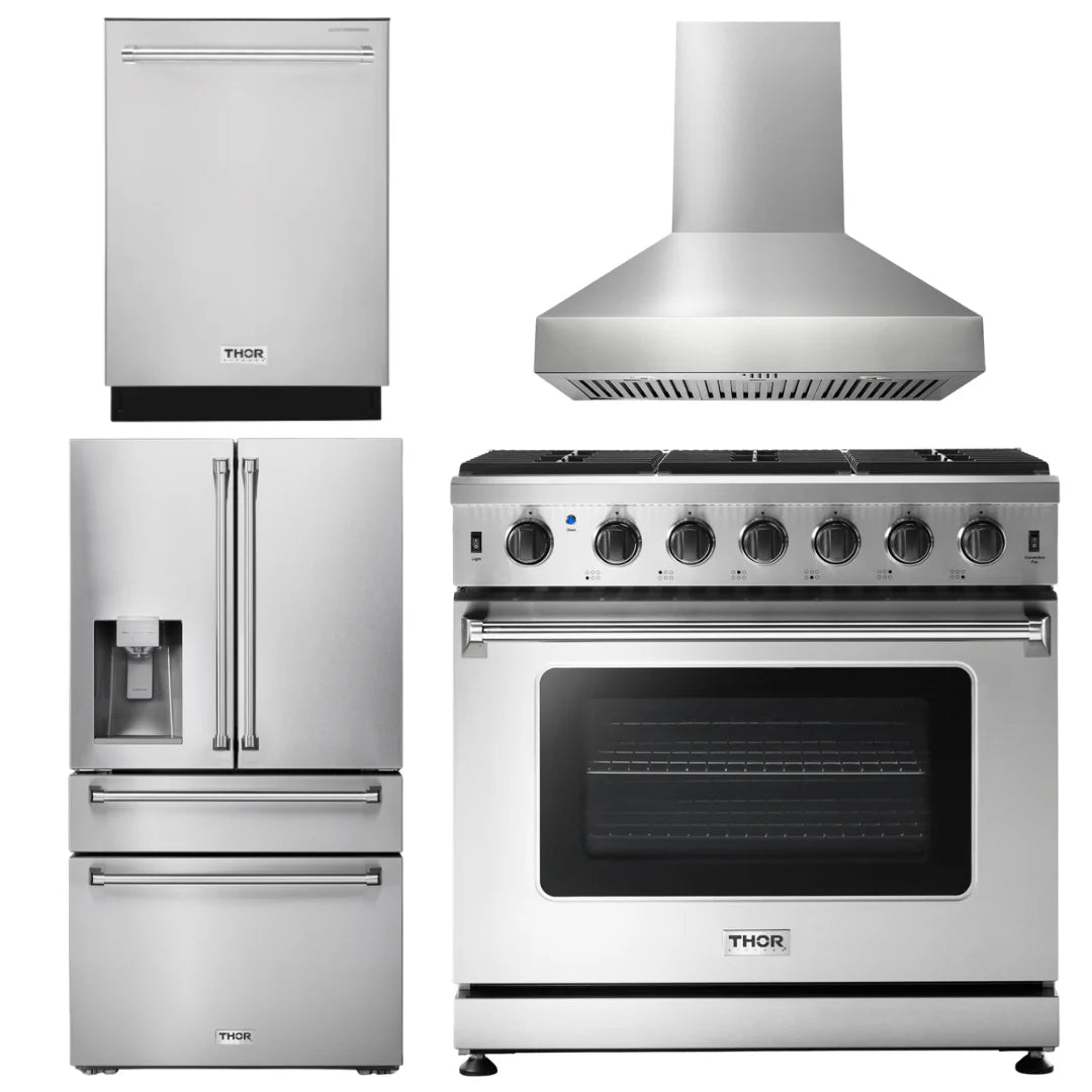 36 Gas Range, Range Hood, Refrigerator with Water and Ice Dispenser, Dishwasher E55141