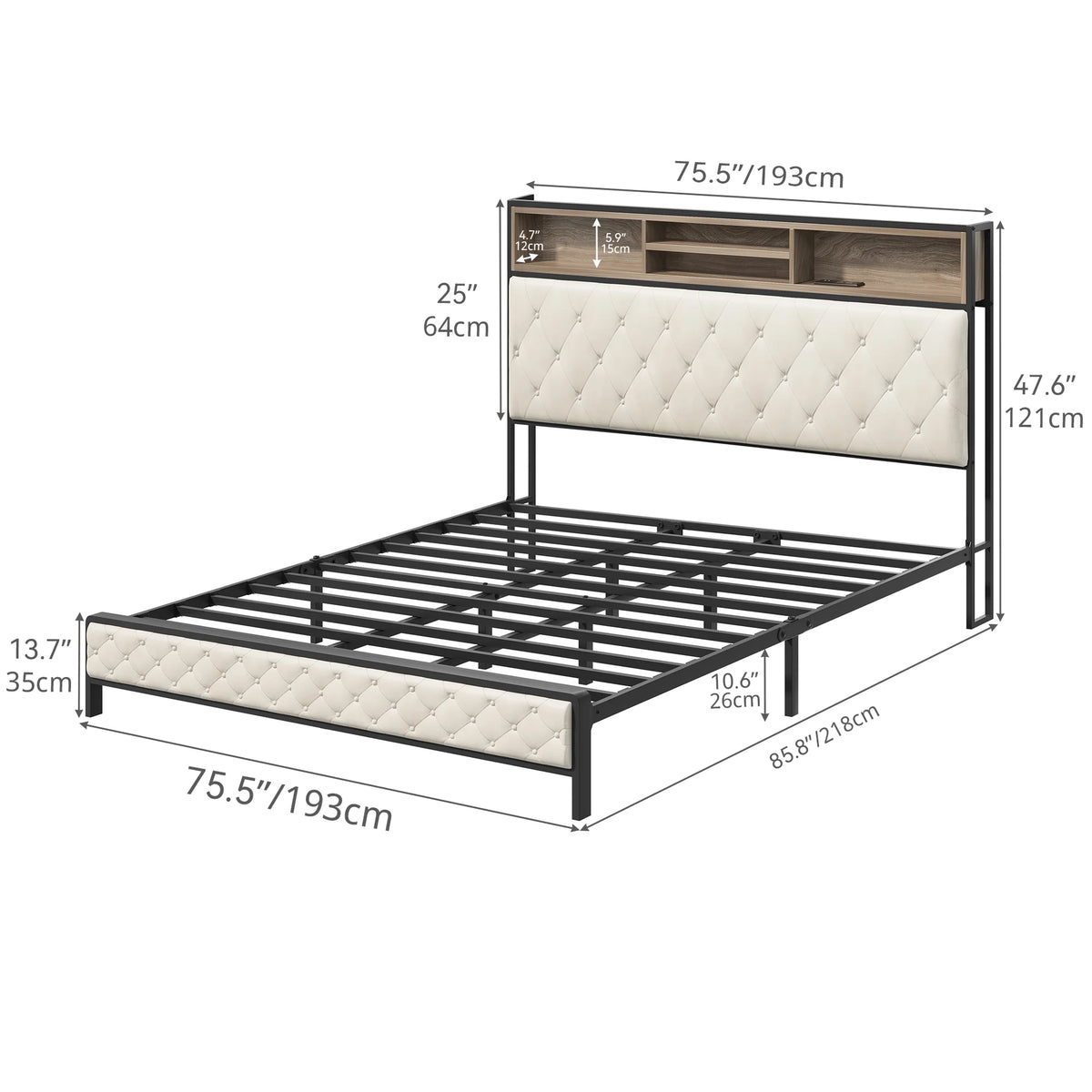 Queen Size Beige Metal Bed Frame with Storage Headboard R817896