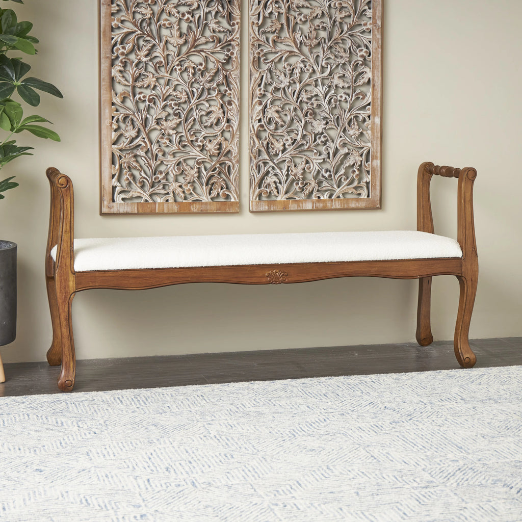 Fabric Arm Bench with Brown Wood Turned Legs C139285