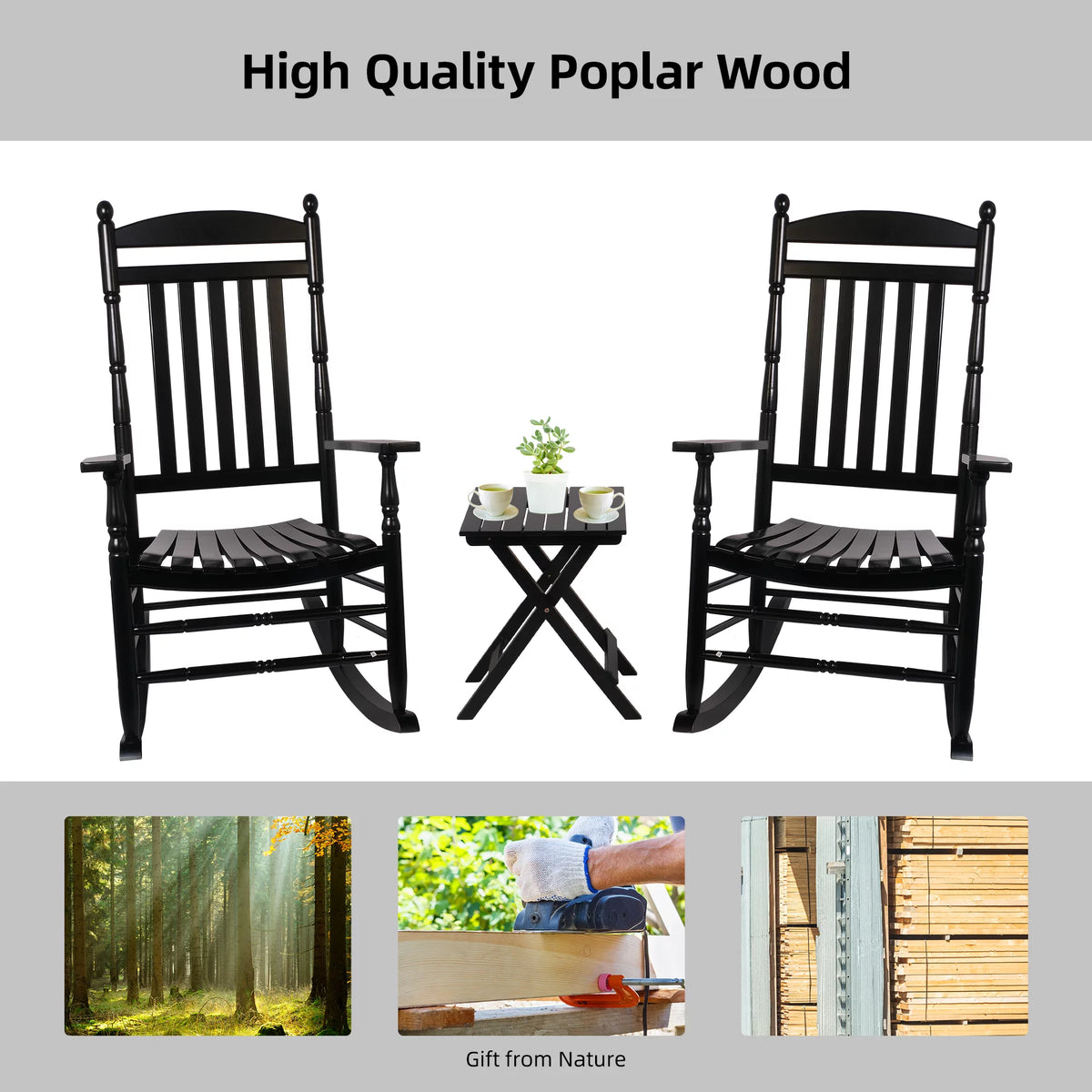 Set of 2 Black Oversized Wood Outdoor Rocking Chairs B222275