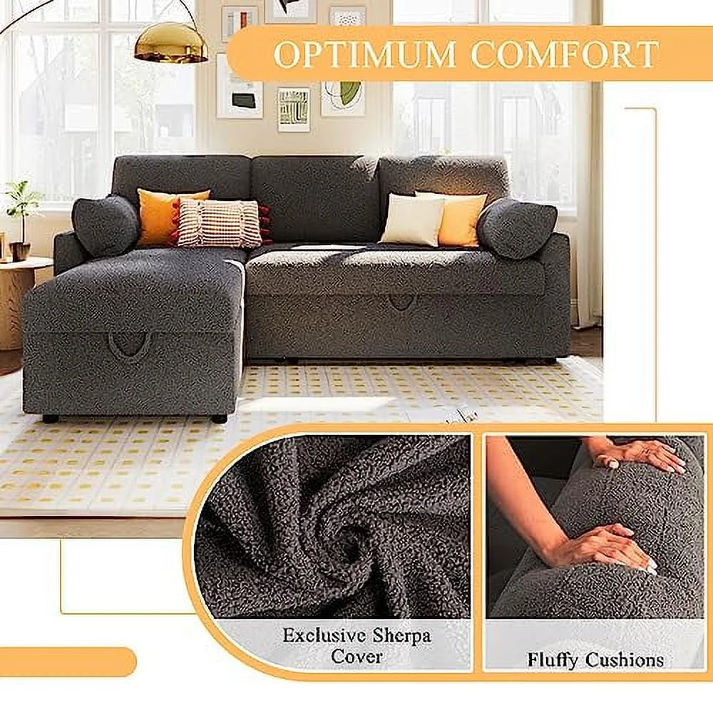 White Sherpa Sleeper Sofa with Storage Chaise D45253