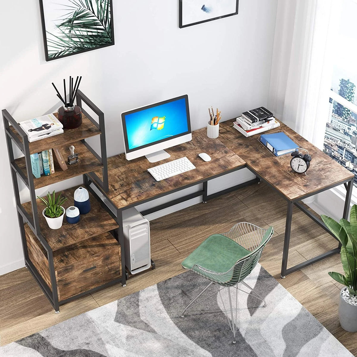 L-Shaped Computer Desk with Bookshelves U6024