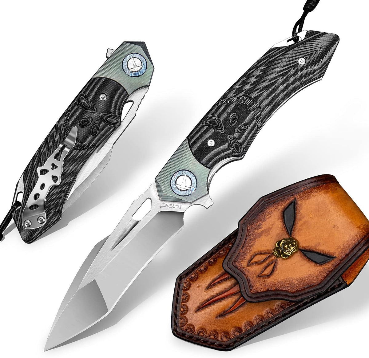 Folding Pocket Knife with 3.5in D2 Steel Blade, G10 Titanium Handle, Liner Lock, Clip and Sheath V64467