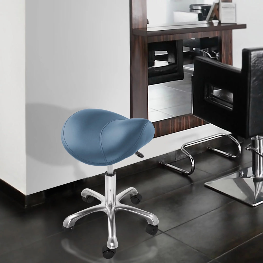 Blue Adjustable Hydraulic Saddle Stool with Swivel Wheels F3556