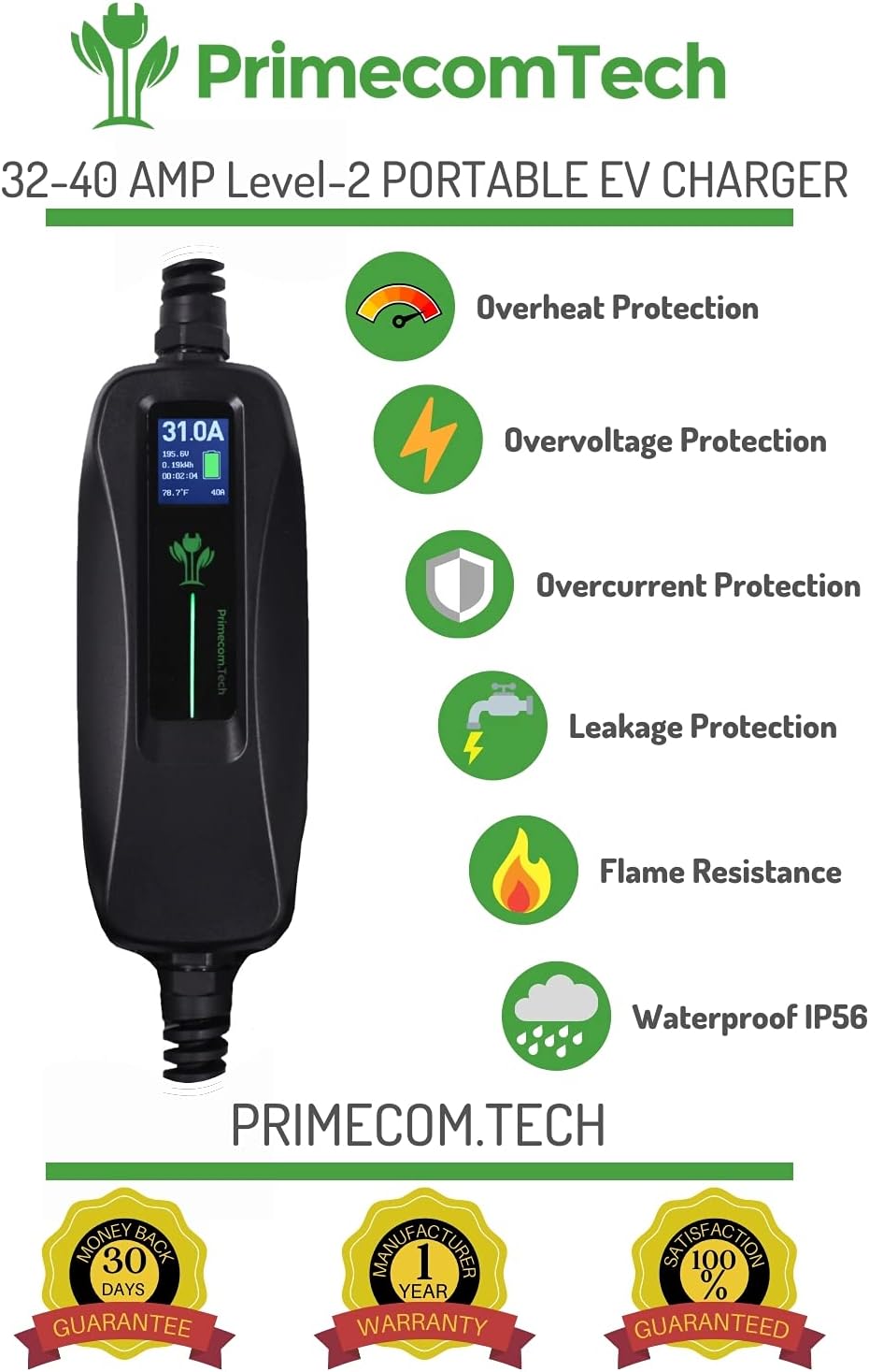 Level 2 Portable Electric Vehicle Charger 220V 240Volt 16Amp 30 Feet L166