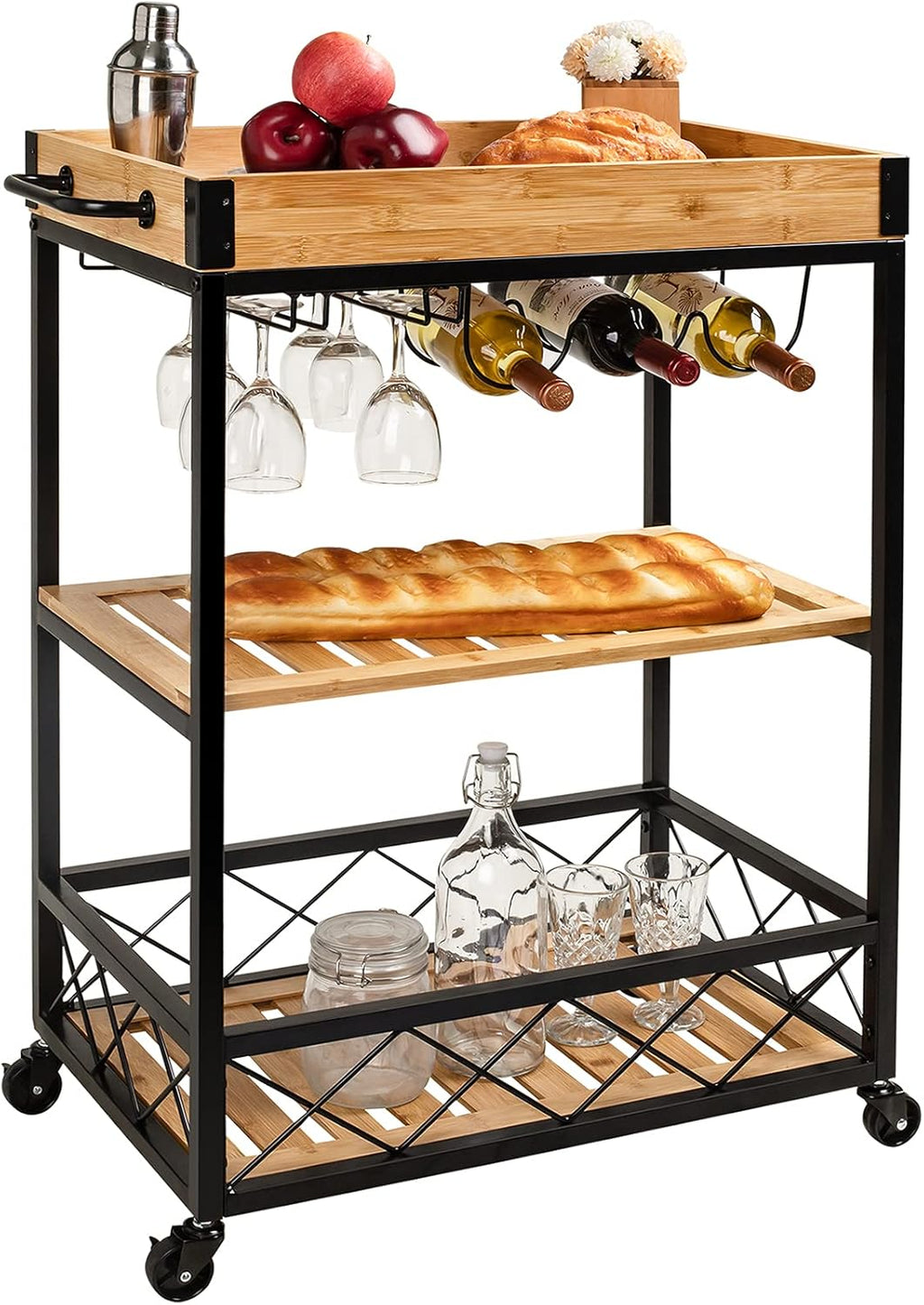 Bamboo Kitchen Island Cart with Mesh Shelves S61330