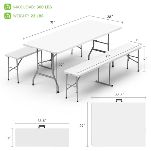 White 6 ft Folding Table Set with 2 Benches F5471