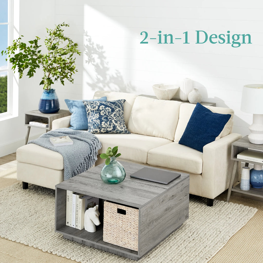 Square Rustic Modern Lift Top Coffee Table with Cubby N611