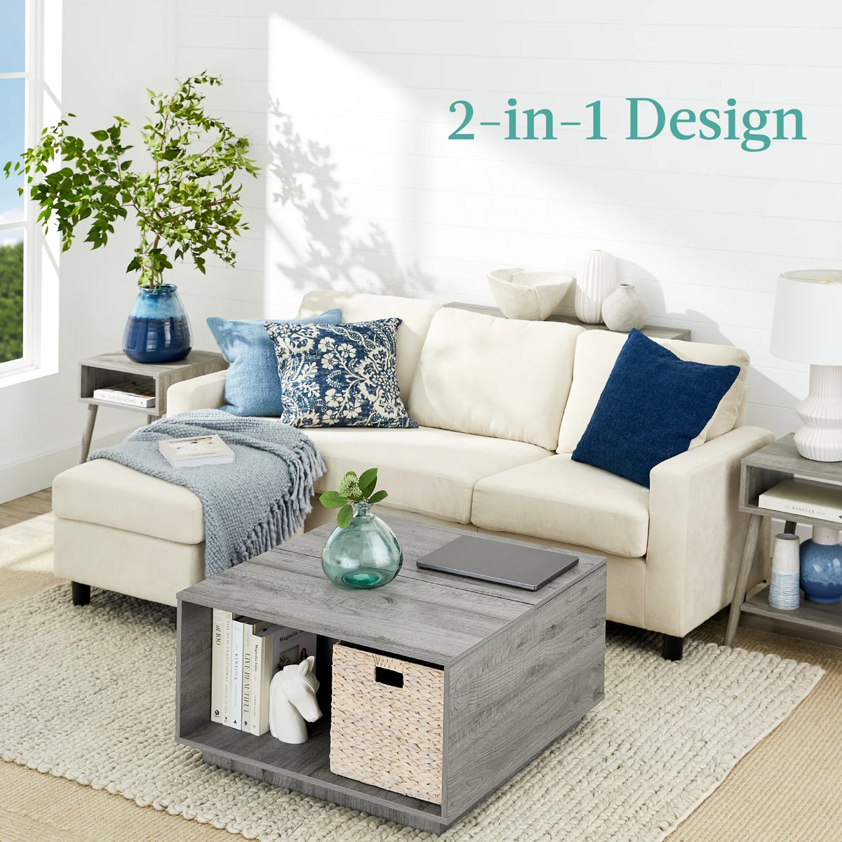 Square Rustic Modern Lift Top Coffee Table with Cubby N611
