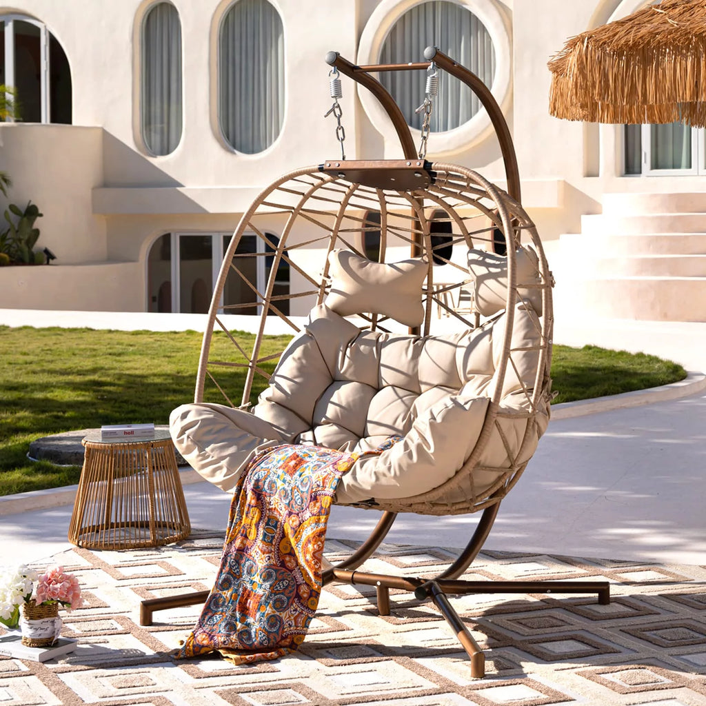 Beige Wicker Double Egg Chair with Stand M171024
