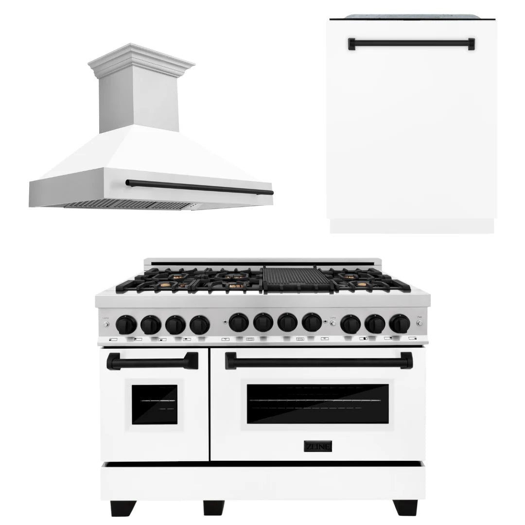 48 In. Gas Range, Range Hood, Dishwasher in White Matte with Matte Black Accents L41282