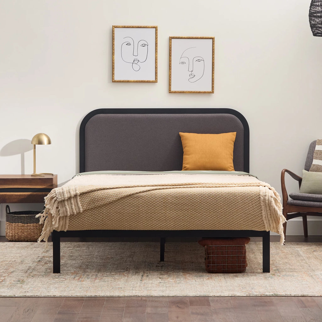 Queen Cream Metal Platform Bed with Upholstered Headboard U19636