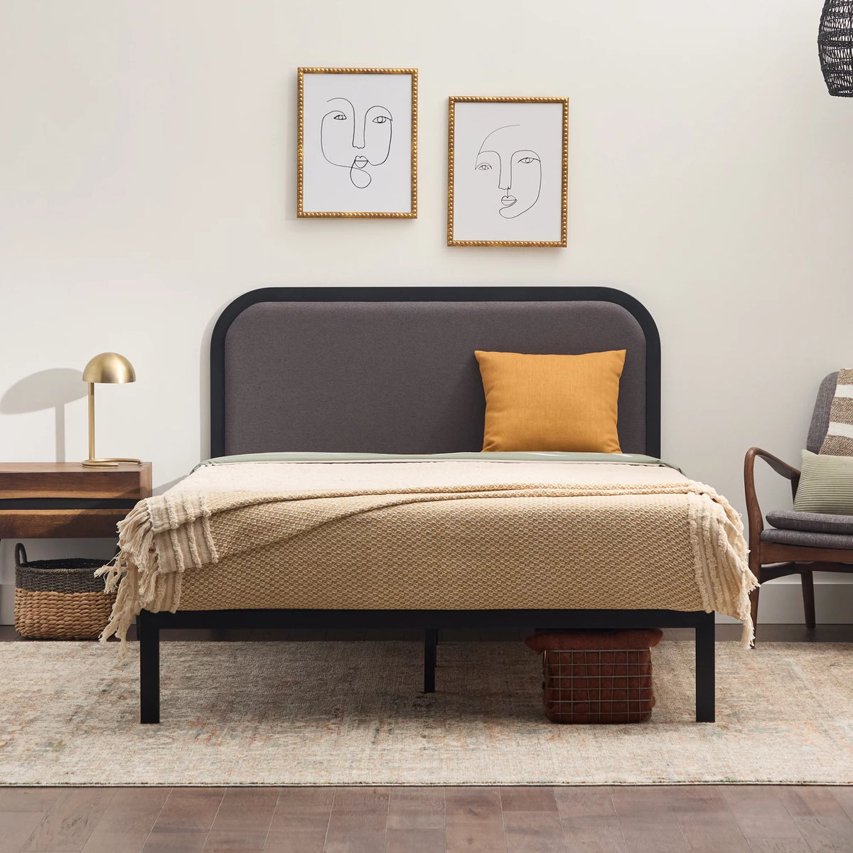 Queen Cream Metal Platform Bed with Upholstered Headboard U19636