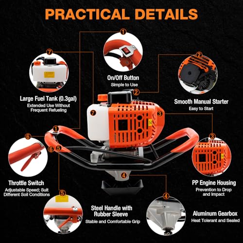 52cc 1700W Gas Powered Auger Post Hole Digger with 3 Drill Bits O86518