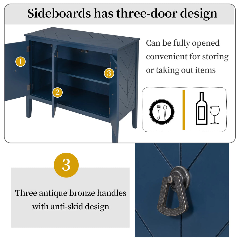 Solid Wood Buffet Sideboard Storage Cabinet with Doors and Adjustable Shelf, Navy Blue O9787
