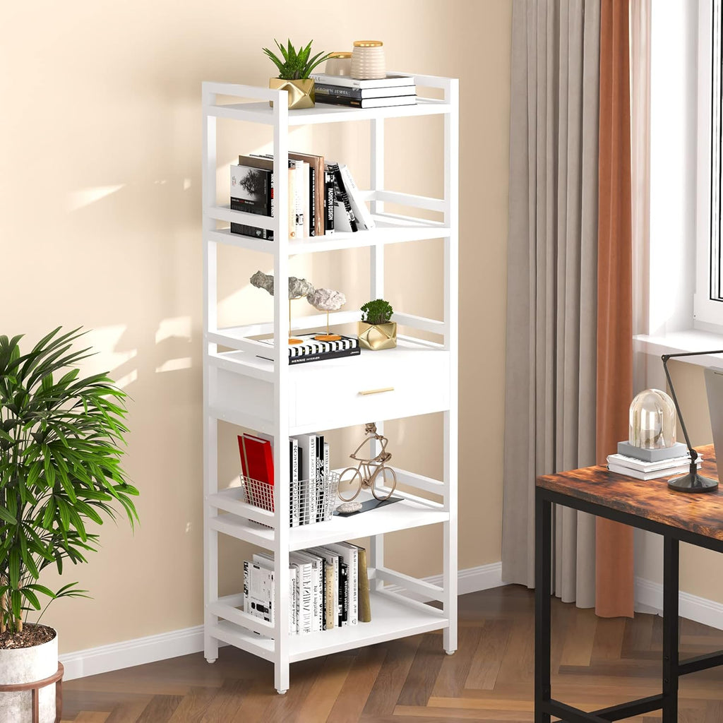 White 5-Tier Bookshelf with Drawer J928