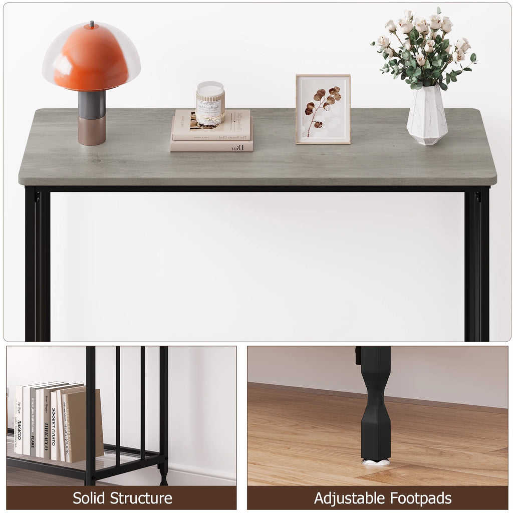 Gray Console Table with Glass Shelf and Metal Frame F373218
