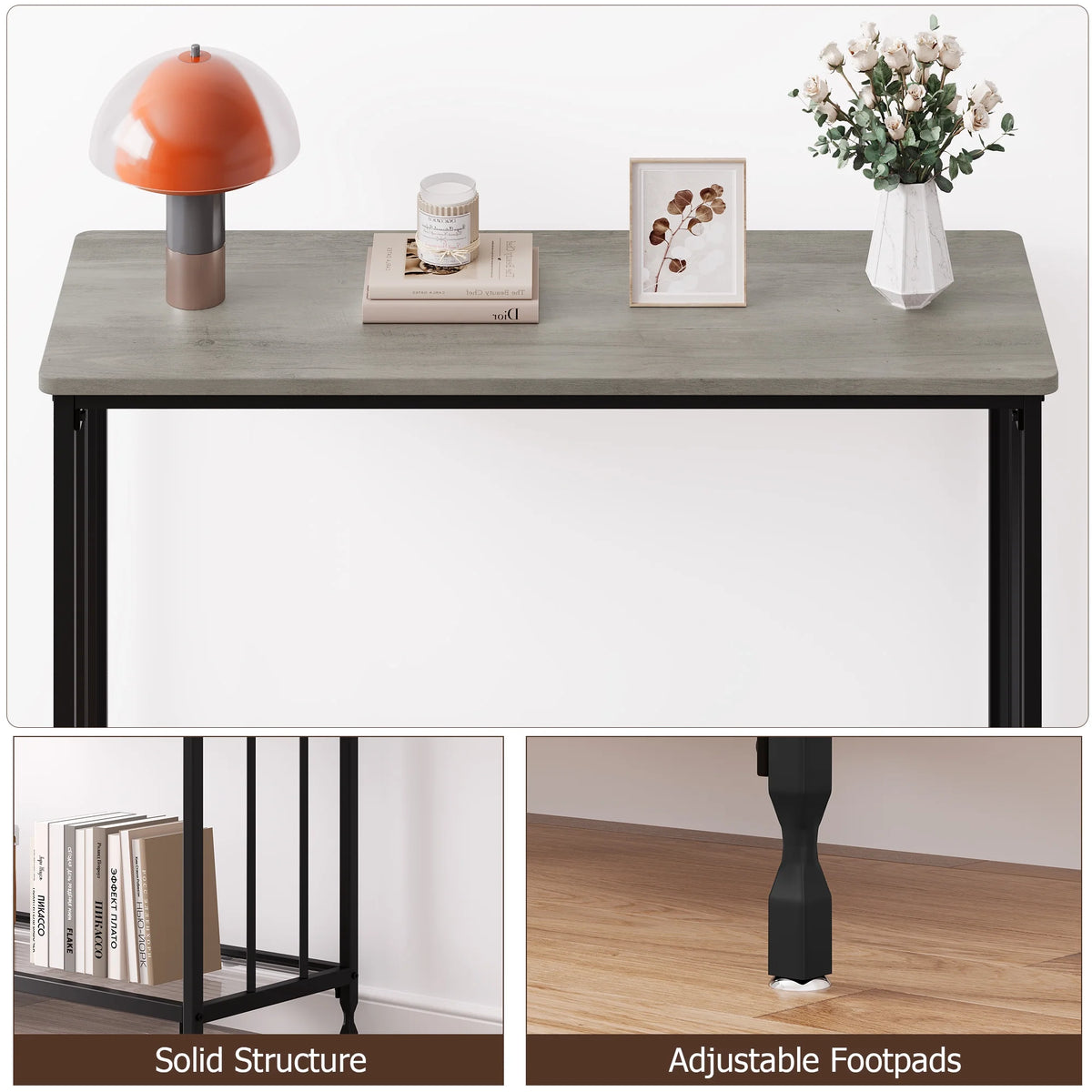 Gray Console Table with Glass Shelf and Metal Frame F373218