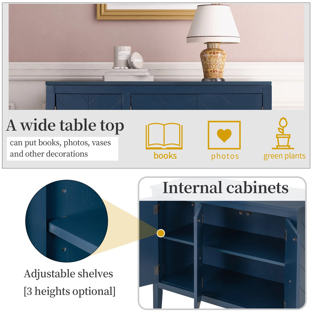 Solid Wood Buffet Sideboard Storage Cabinet with Doors and Adjustable Shelf, Navy Blue O9787