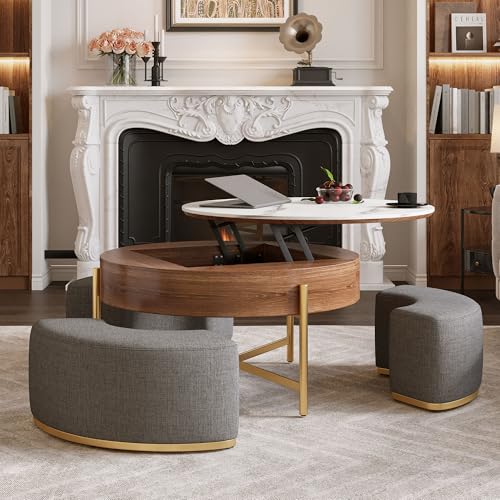 32" Round Lift Top Marble Coffee Table Set with Hidden Storage & Nesting Ottomans H823540