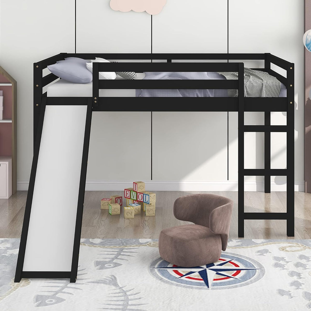 Solid Wood Full Size Low Loft Bed with Slide Y2977