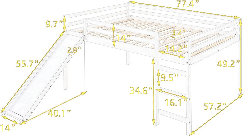 Solid Wood Full Size Low Loft Bed with Slide Y2977