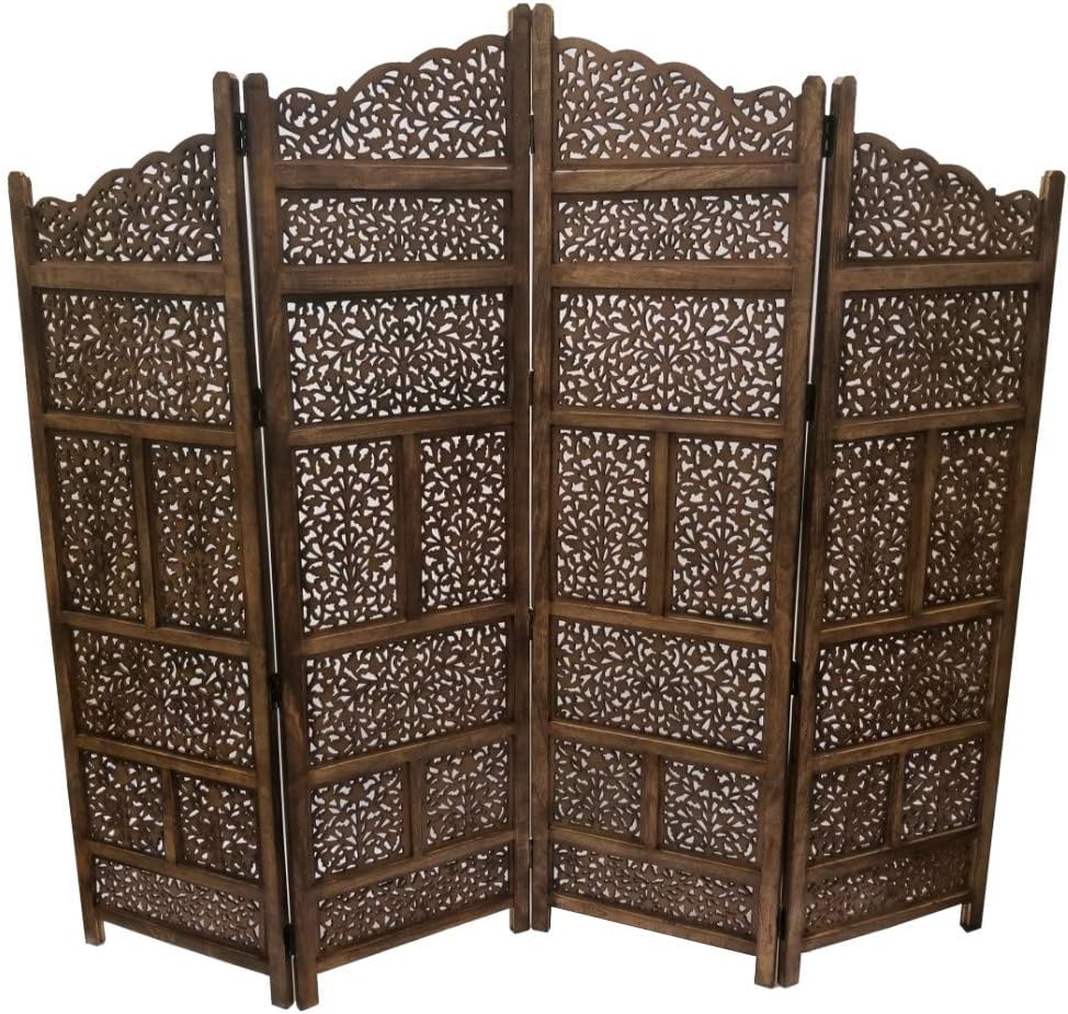 Hand Carved Foldable 4-Panel Wooden Room Divider V250504