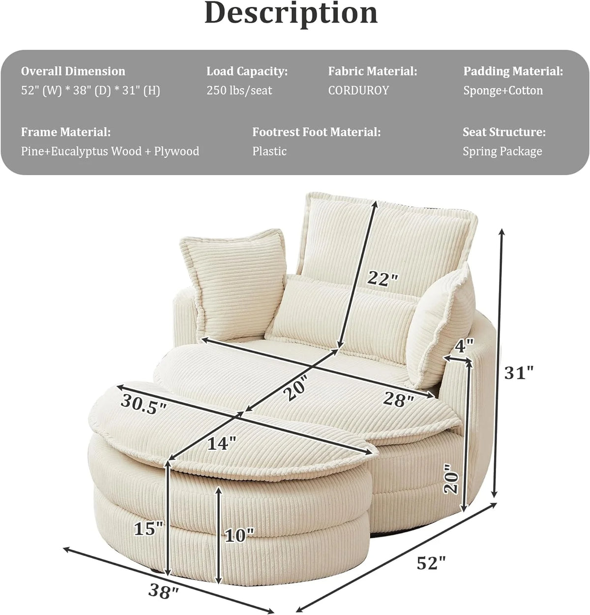 Beige Corduroy Tufted Swivel Accent Chair with Ottoman O364217