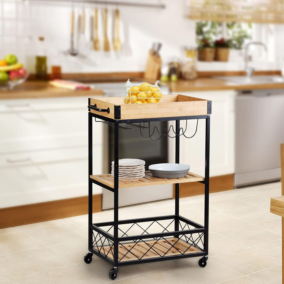Bamboo Kitchen Island Cart with Mesh Shelves S61330