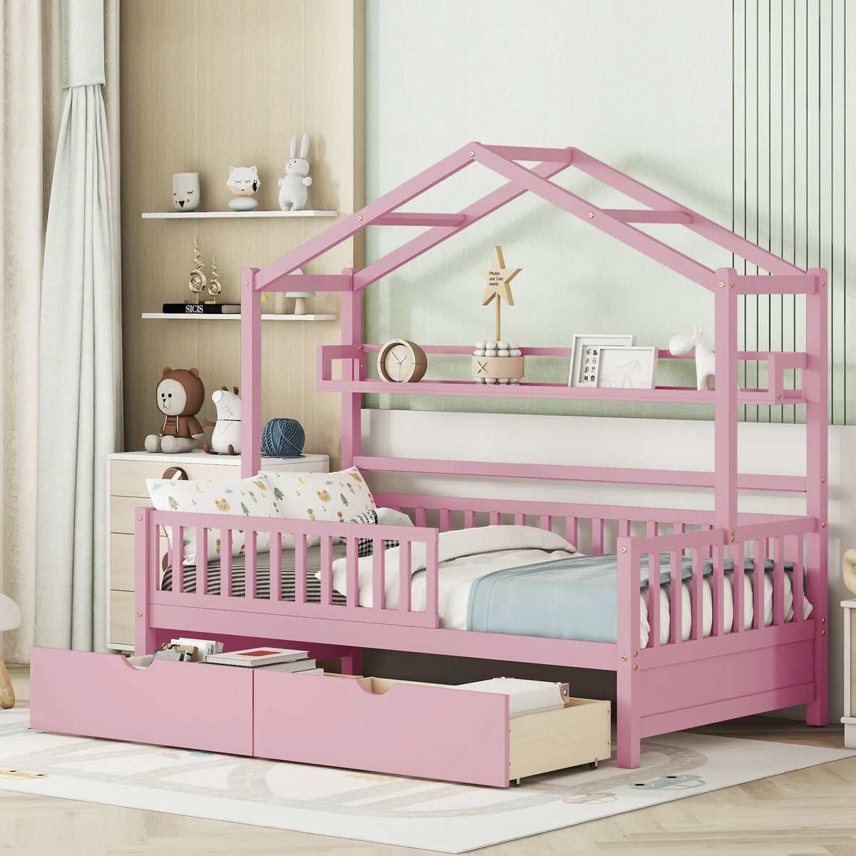 Twin Size Wooden House Bed with 2 Drawers Z213
