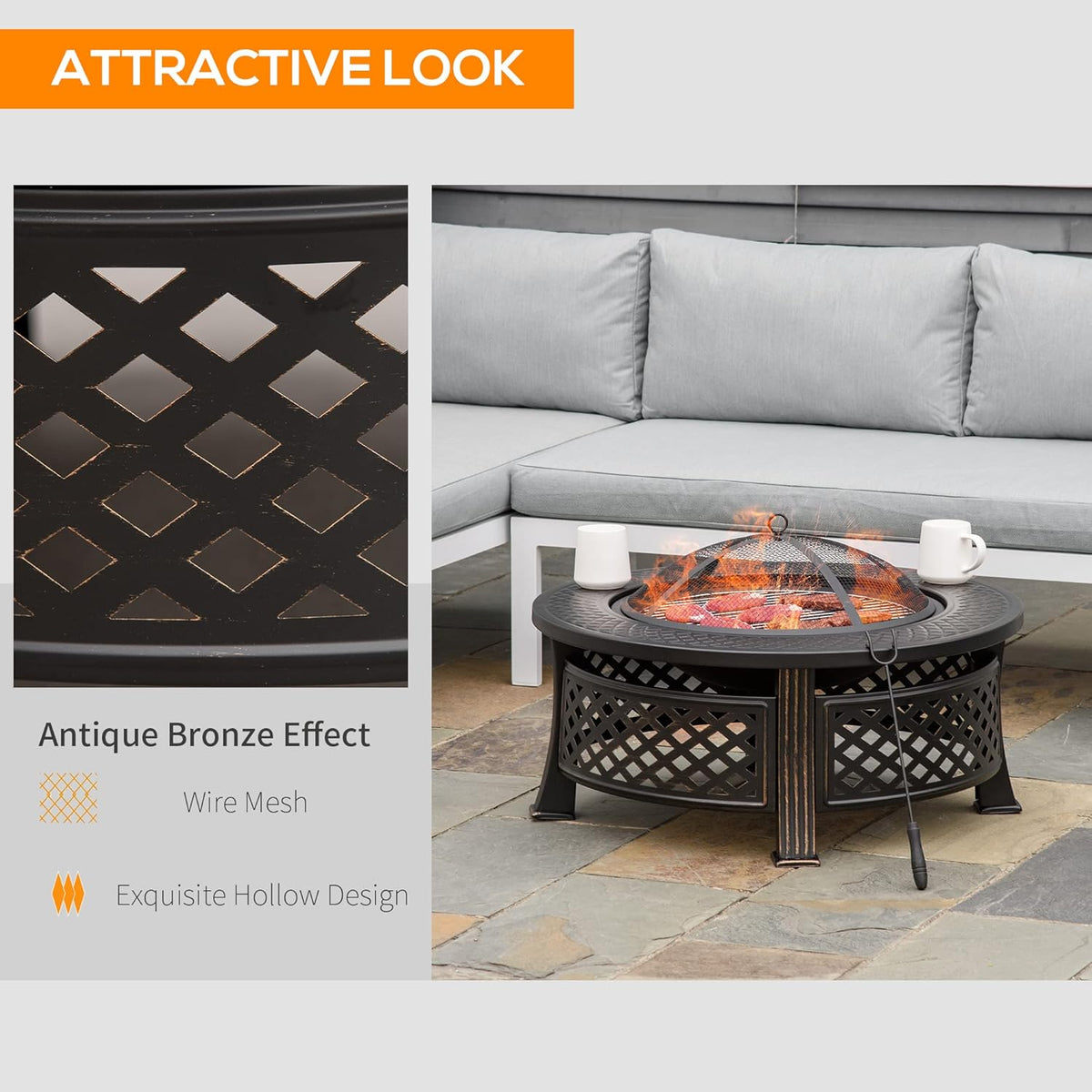 32 Outdoor Wood Burning Fire Pit with Grill, Spark Screen, Poker, Rain Cover, Black T5073